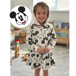 Disney Mickey Minnie Mouse Hooded Sweatshirt Dress Girls Sz 4 Cream Sketch Print
